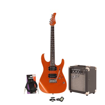 EastCoast HM1 Metallic Orange Electric Guitar Starter Pack with 10W Amp & Accessories