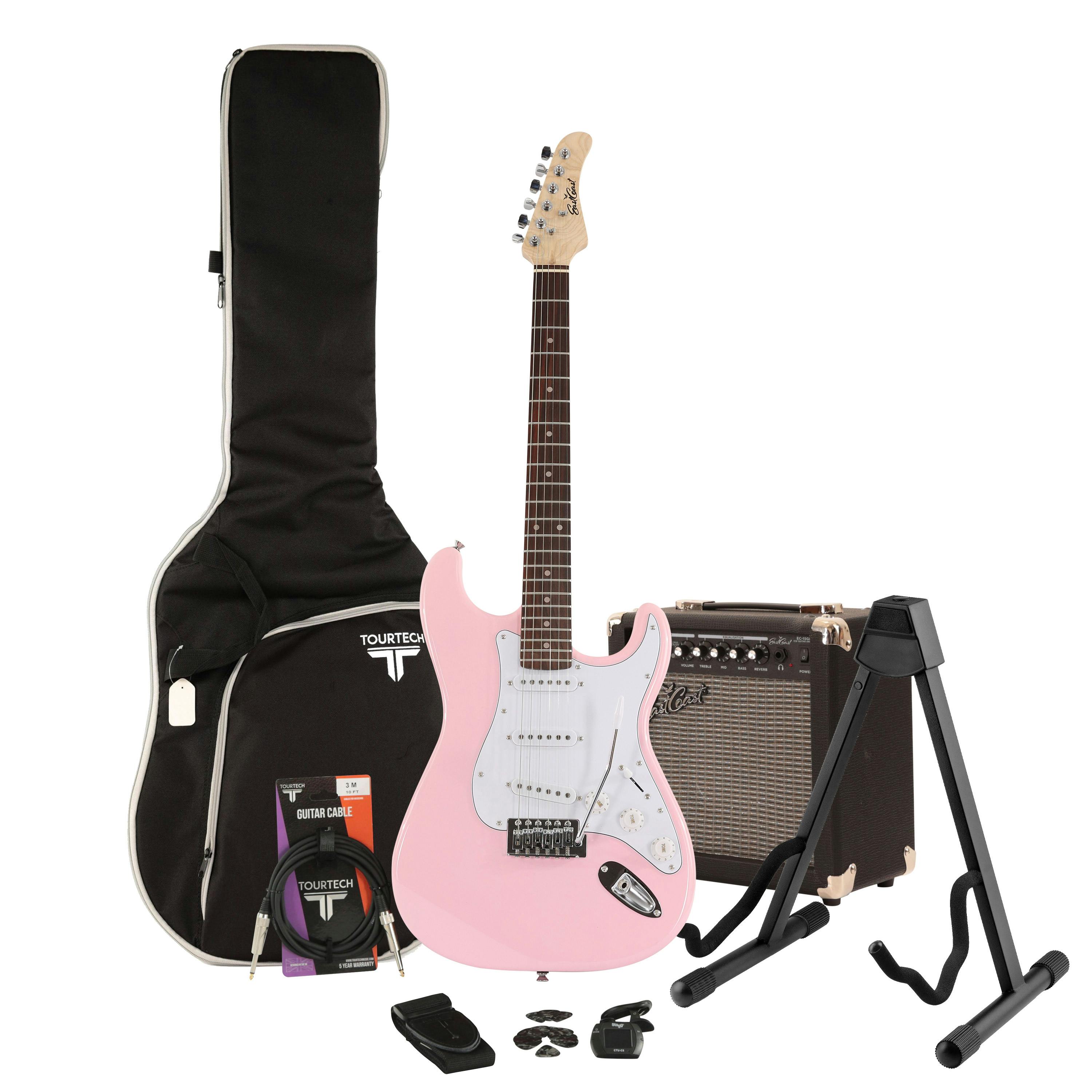 EastCoast ST1 Shell Pink Electric Guitar Starter Pack with 15W Amp &amp; Accessories
