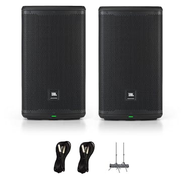 JBL EON 2067 10 inch Speaker Bundle including stands and cables