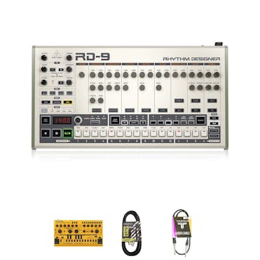 Behringer RD-9 & TD-3 Modded in Yellow with Midi Cable and Pair of Jack Cables