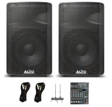 Alto TX310 Speaker PA Mixer Bundle with Studiomaster Mixer, Cables, Speaker Stands and Bag