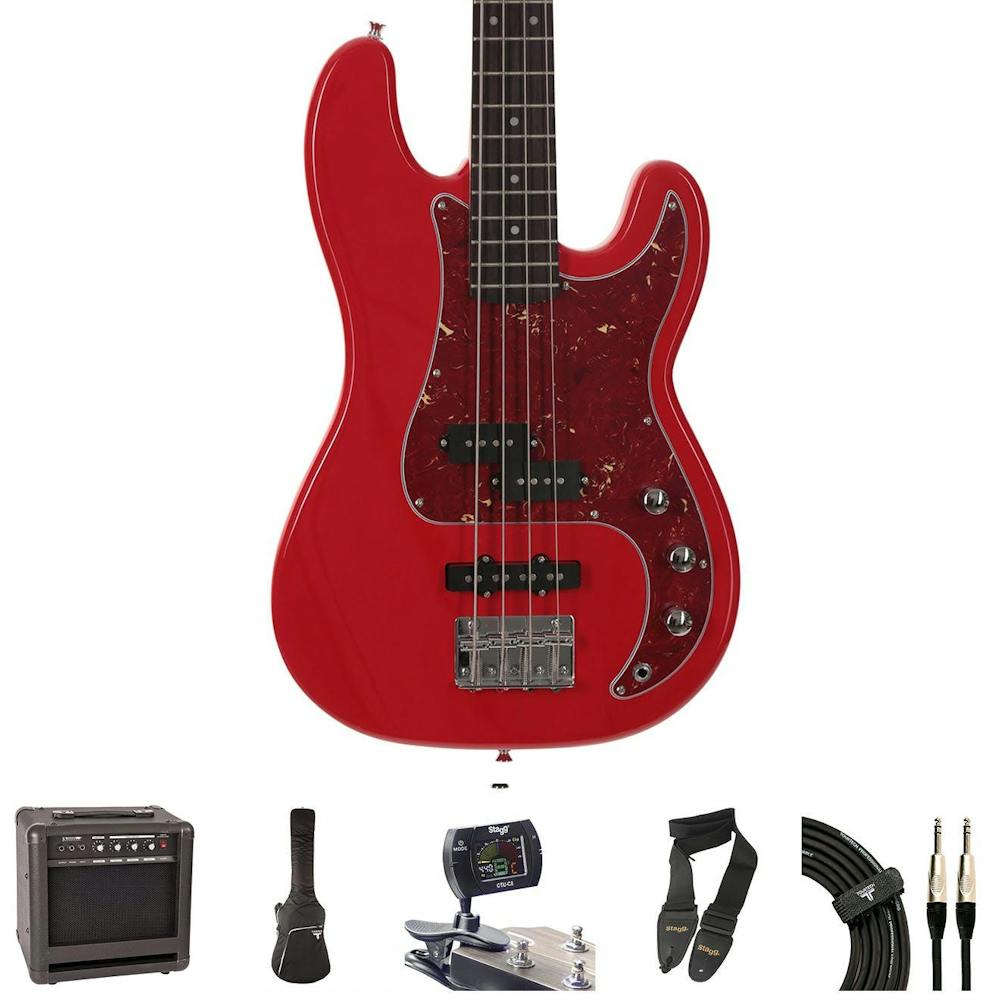 EastCoast GP200 Red Bass Guitar Bundle With Amp & Accessories